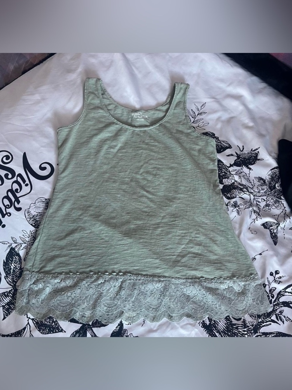 sage green lace trim tank top • cottagecore